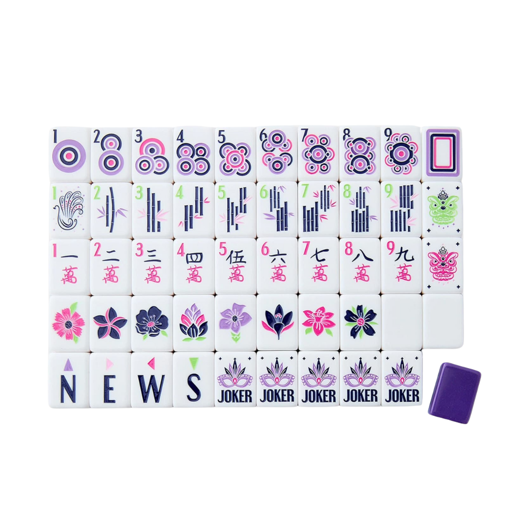 colorful mahjong tiles with purple, pink and green designs