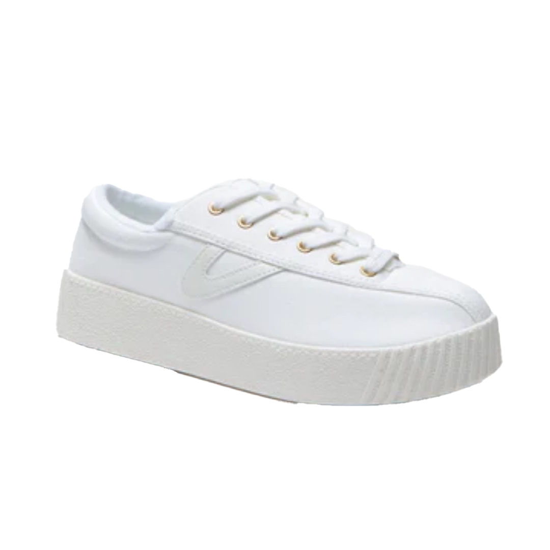 white canvas tennis shoe