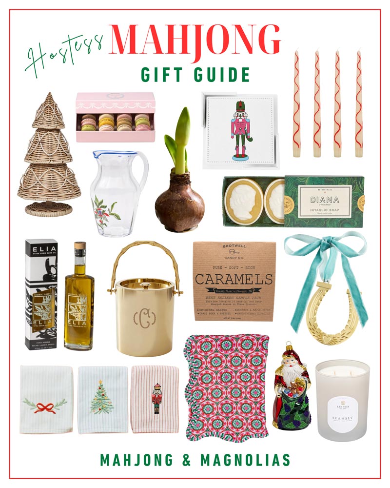Mahjong themed shoppable hostess gift guide collage from Mahjong & Magnolias