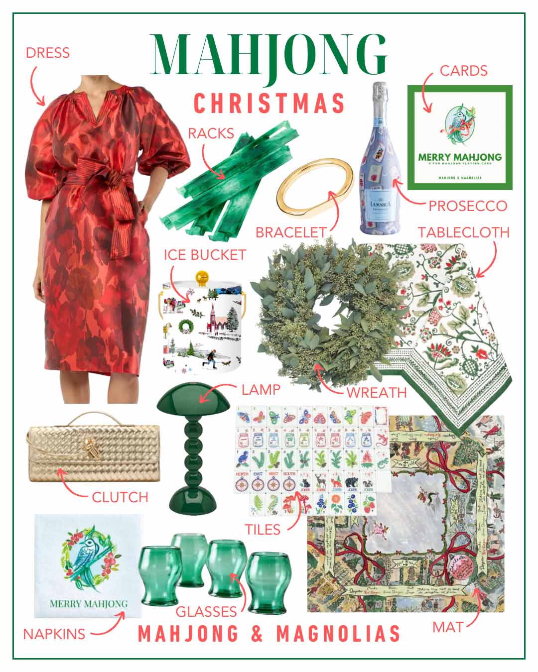 Mahjong themed Christmas shoppable gift guide collage from Mahjong & Magnolias