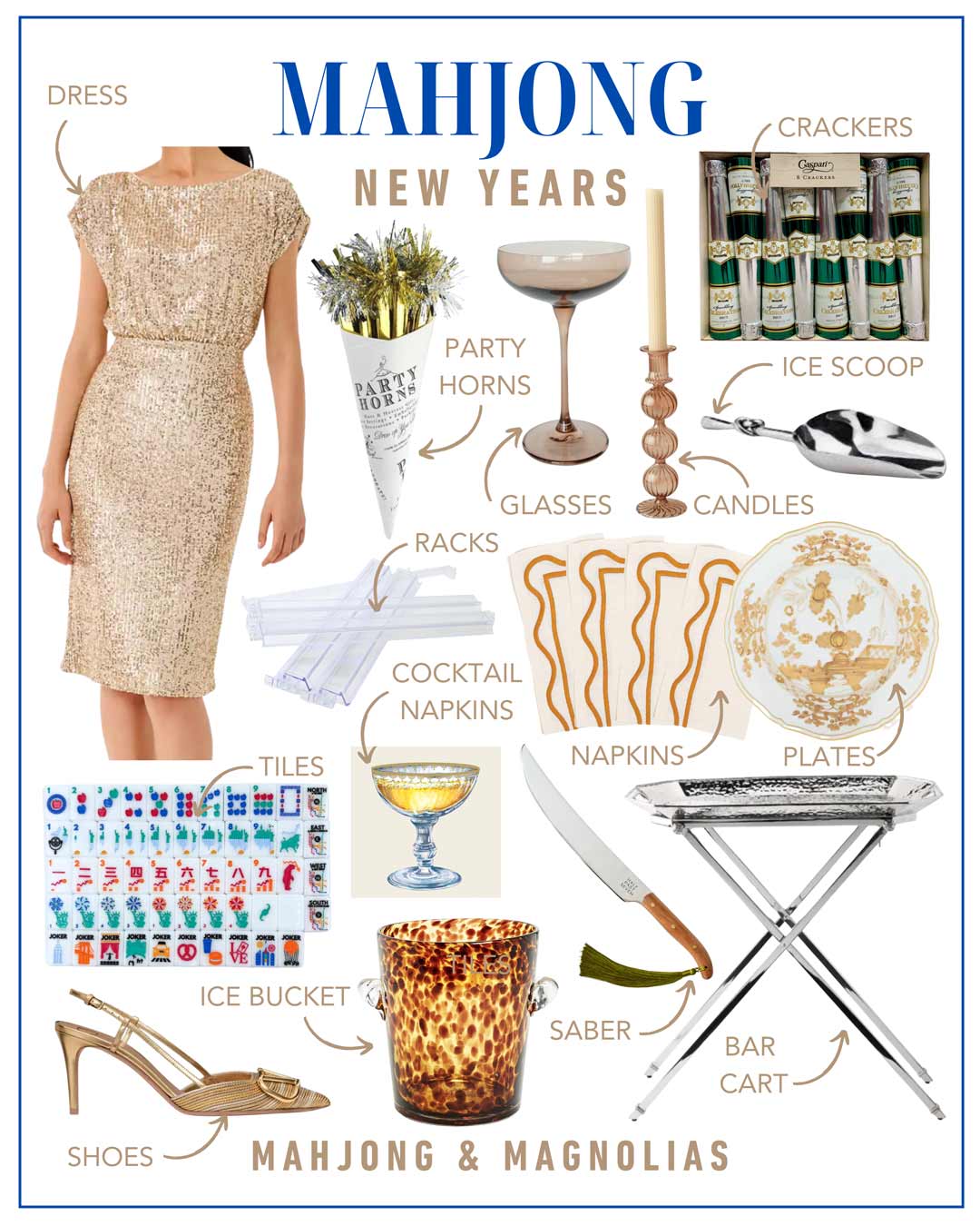 Mahjong themed New Years shoppable gift guide collage from Mahjong & Magnolias