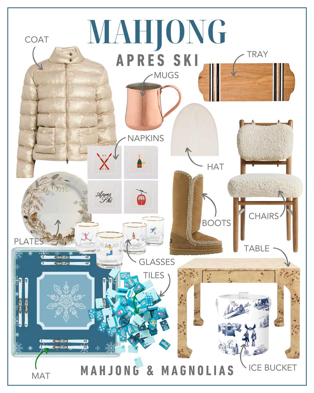 Mahjong Apres Ski themed shoppable collage from Mahjong & Magnolias