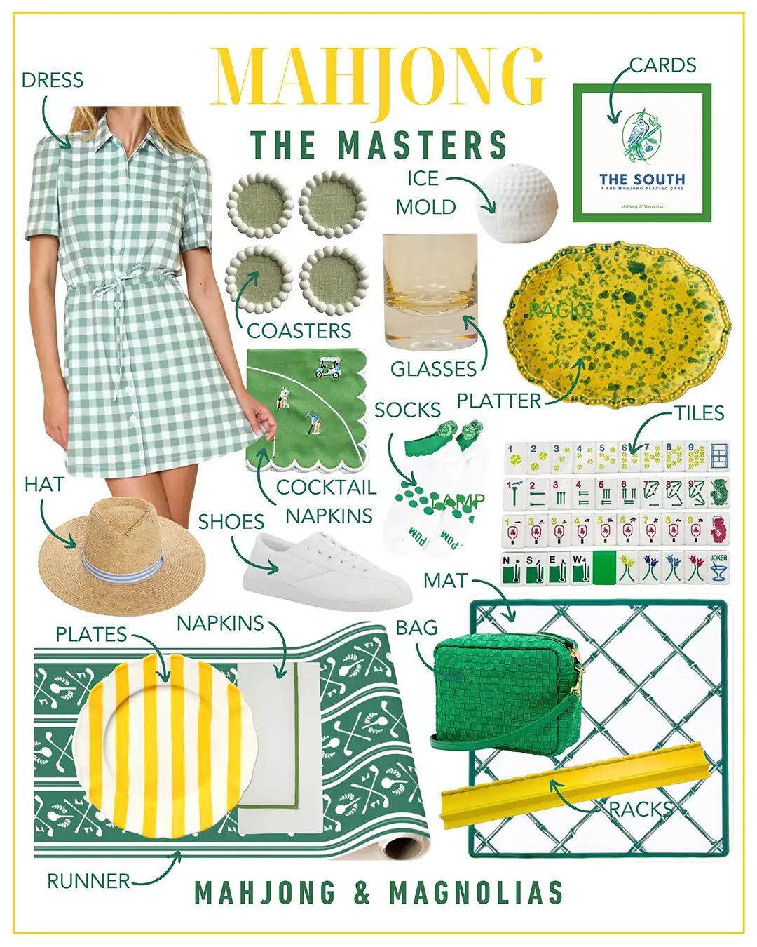 Mahjong themed shoppable gift guide collage for The Masters from Mahjong & Magnolias