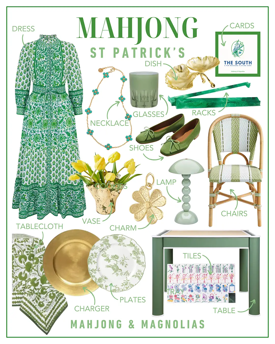 Mahjong themed St. Patrick's Day shoppable gift guide collage from Mahjong & Magnolias