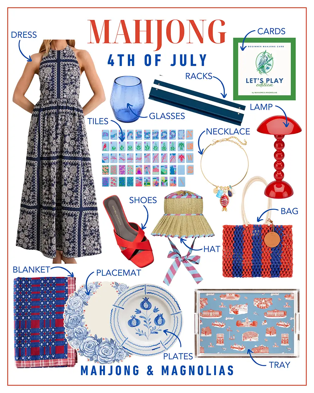 Mahjong themed Fourth of July shoppable gift guide collage from Mahjong & Magnolias