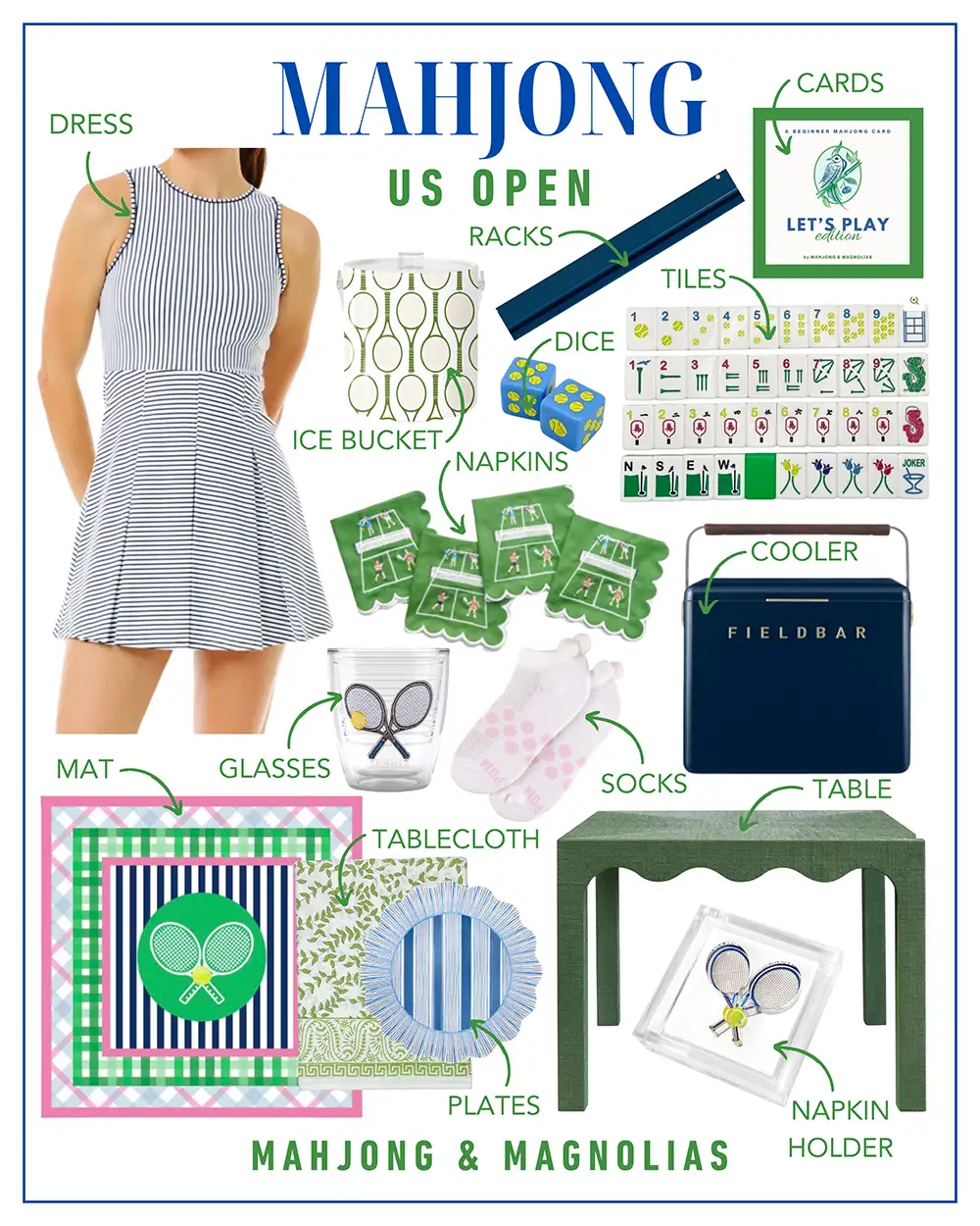 Mahjong themed US Open shoppable gift guide collage from Mahjong & Magnolias