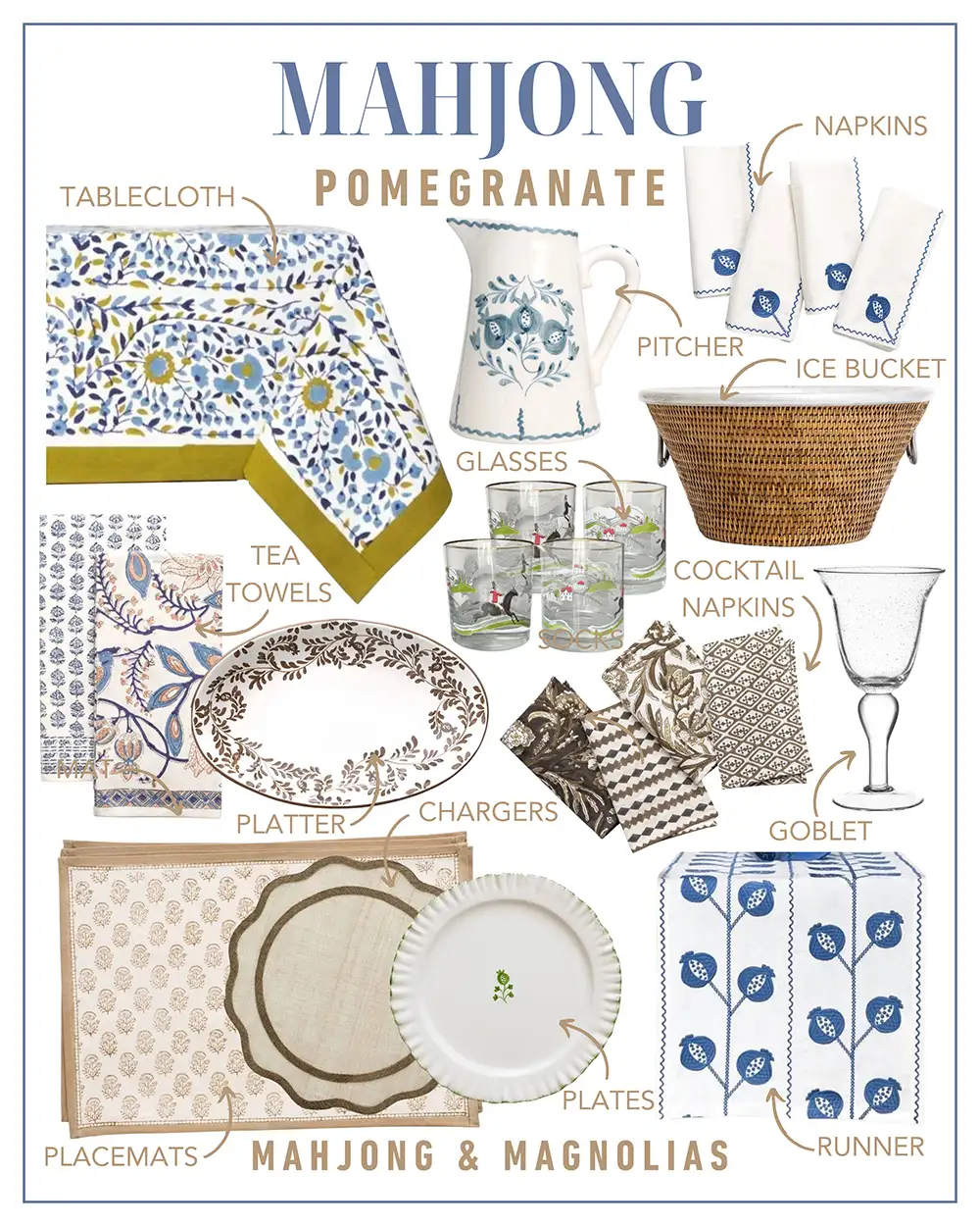 Mahjong themed Pomegranate shoppable gift guide collage from Mahjong & Magnolias